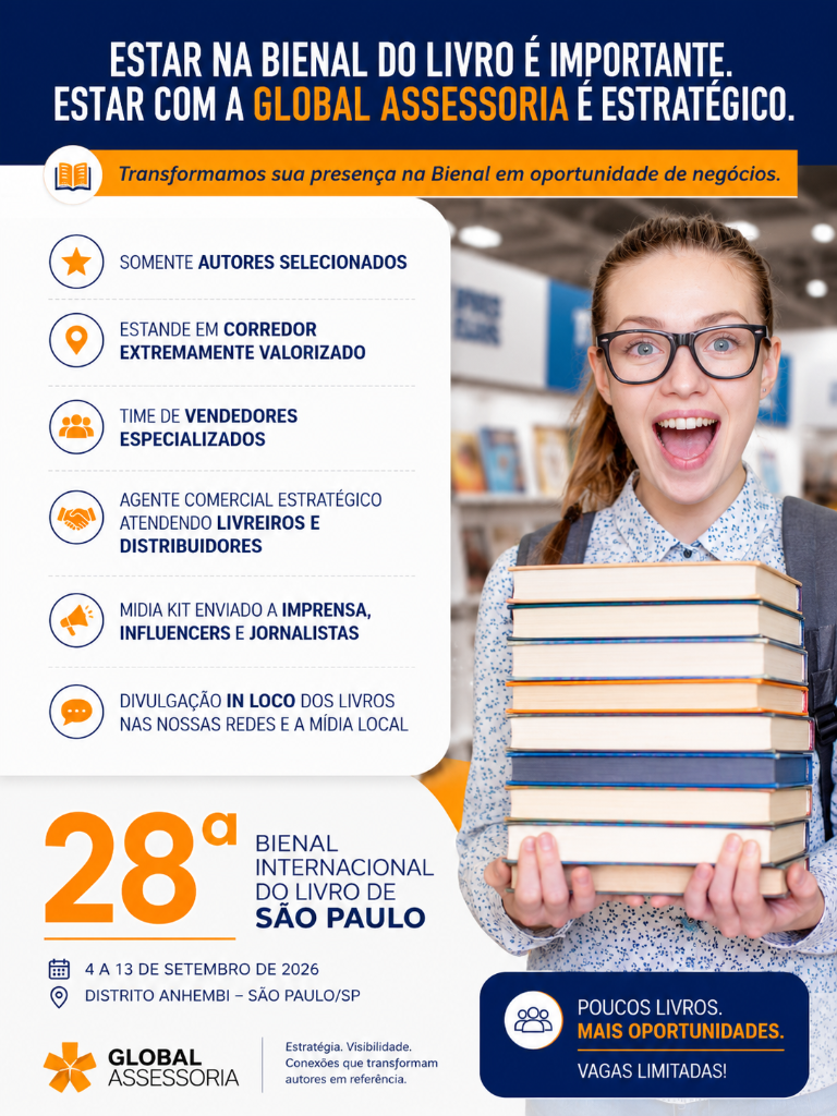 Material promocional da Global Assessoria para a Bienal do Livro SP 2026